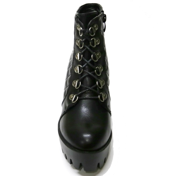 Black Combat Lace Up Platform Lug Sole Bootie Boot - Picture 4 of 4